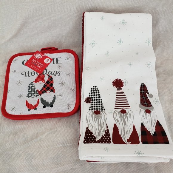 Gnome Holiday Kitchen Towels and Potholder set with Bonus Gift. NWT - Picture 1 of 7